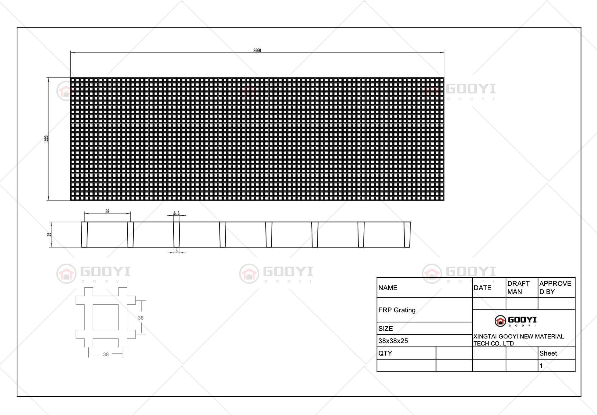 FRP Grating Drawing 38*38*25mm-GOOYI